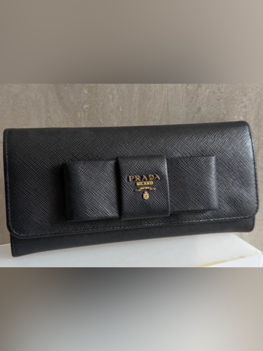 Prada Black Saffiano Leather Bow Continental Wallet with Gold Logo